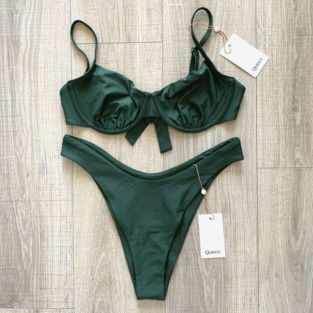 Quince Italian Demi Bikini Top Underwire Back Tie High Leg Bottom Swim Green L